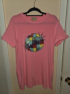 Judith March Pink Sequin Disco Ball Graphic Tee Dress Oversized Top